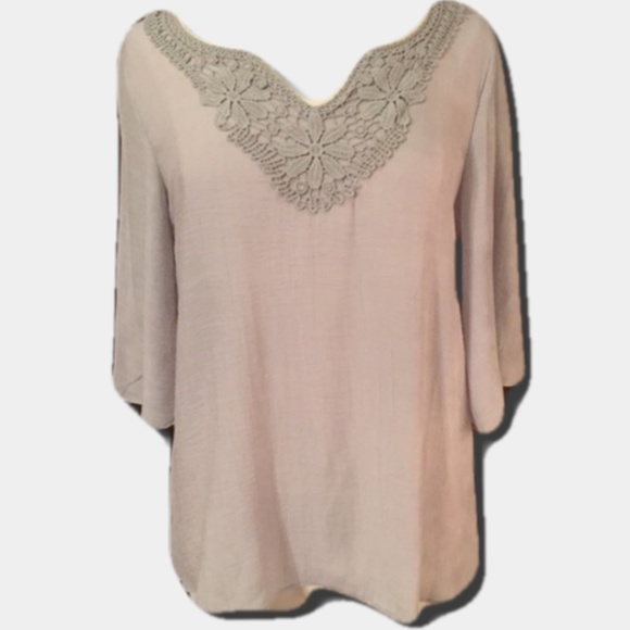 Beautiful Gray Top with Crochet Neckline - Picture 1 of 8